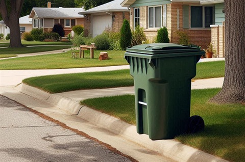 Green trash bin at the curb of a neighborhood street. 