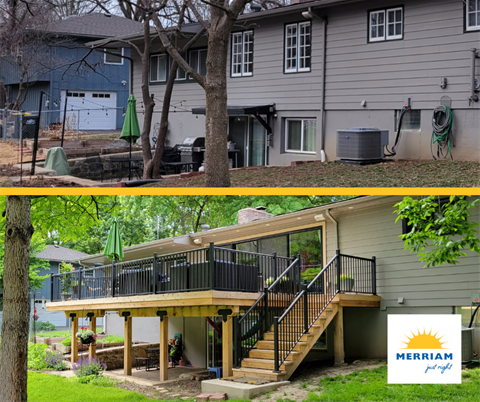 A home without a porch on top and the same home with a new porch on the bottom.