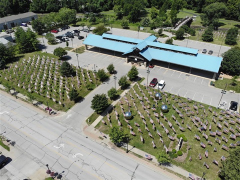 An aerial shot of the 1,000 American flags at Merriam Marketplace, a covered pavilion. 
