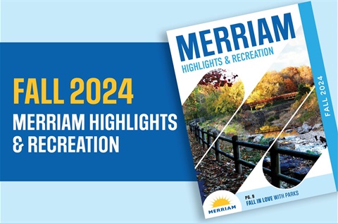 Graphic in dark and light blue that shows the cover of Fall 2024 Merriam Highlights and Recreation magazine